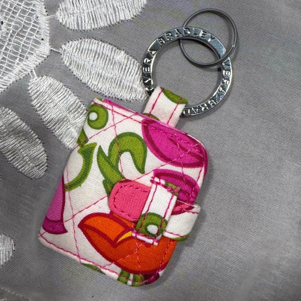 Vera Bradley Quilted Floral Picture Frame Keychain Pink Green Orange Logo Ring